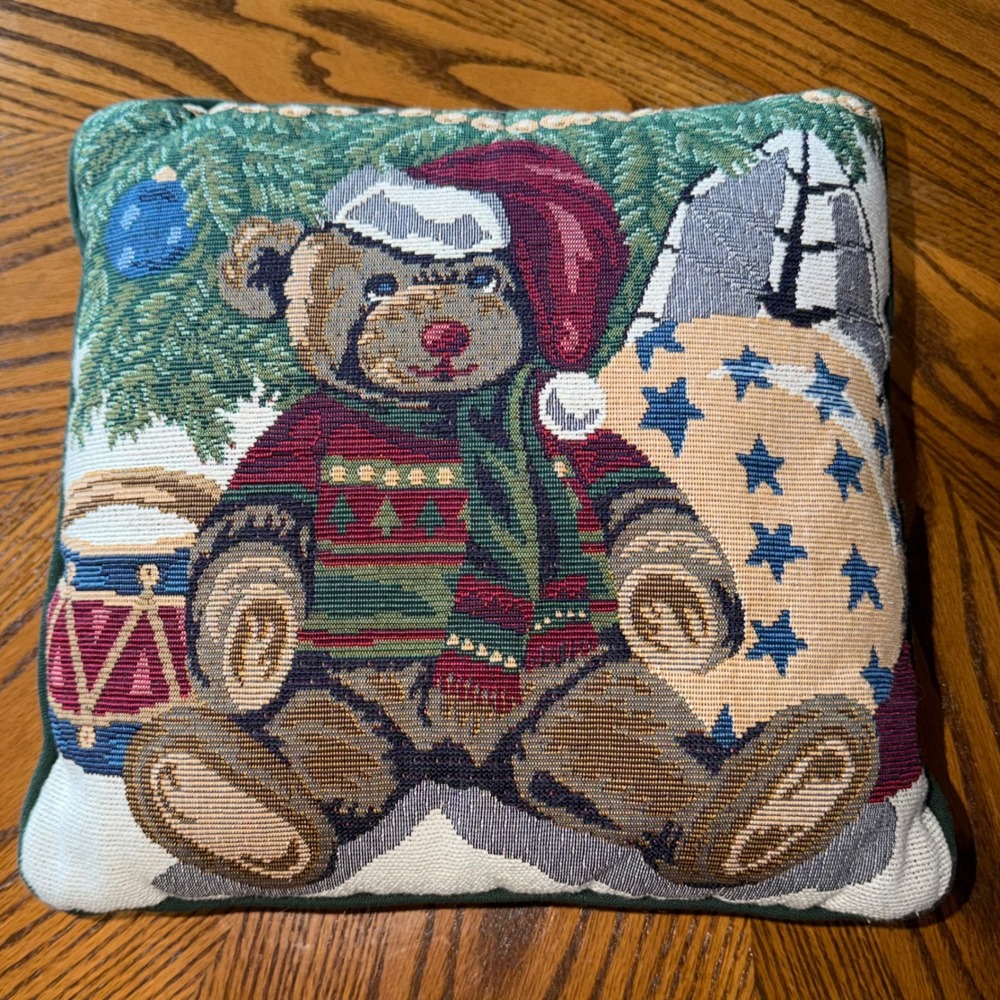 Vintage Christmas Teddy Bear Tapestry Throw Pillow 11x11 Holiday Decor